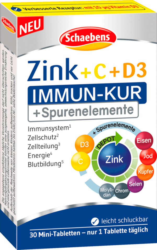 Schaebens Zink + Vitamine C + Vitamine D3 Tabletten 30 Stuks met Jodium