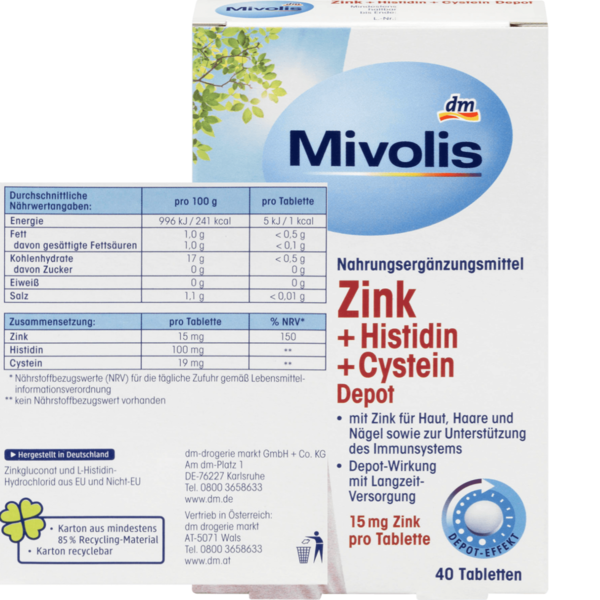 Mivolis Zink + Histidine + Cysteïne Depot 40st
